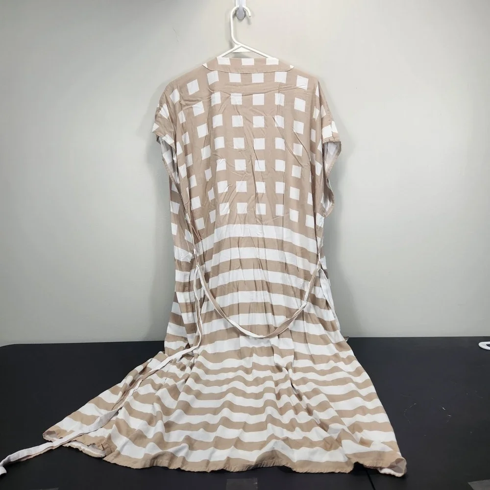 Garnet Hill Tan White Striped Checkered‎ Swim Cover Up Midi Dress Womens Large